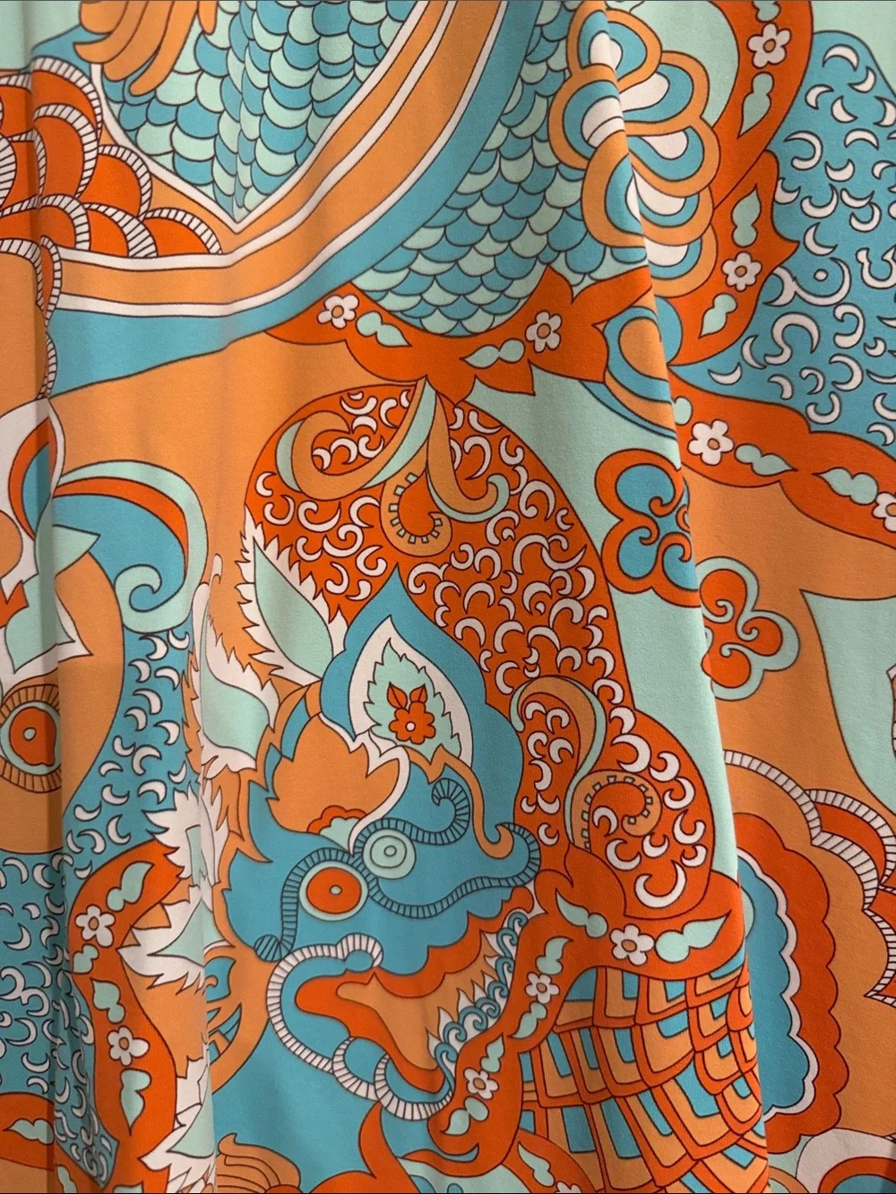 Teal & Orange Printed V-Neck Midi Dress